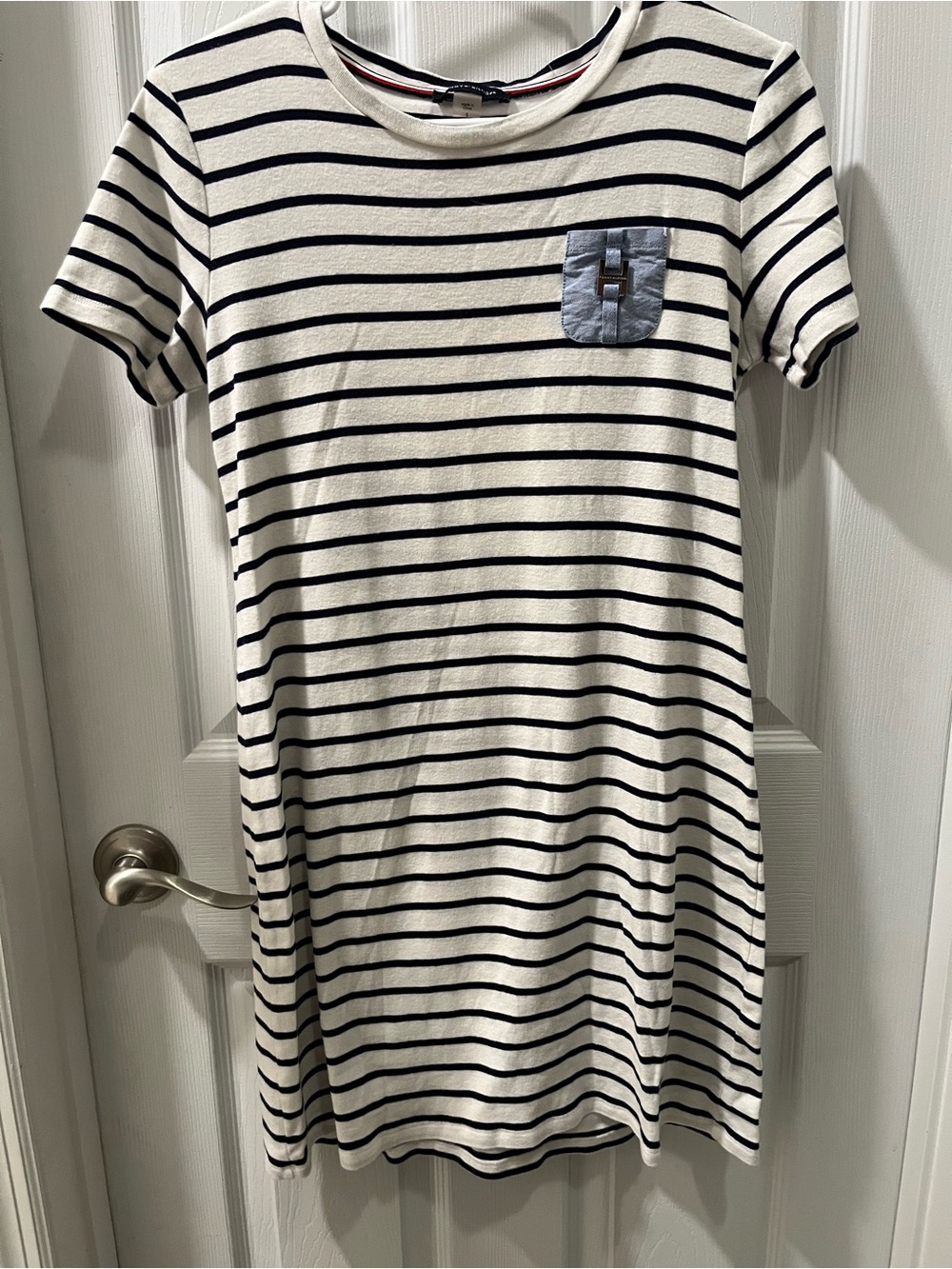 Tommy Hilfiger Black and White Striped Crewneck Top with Signature Trim